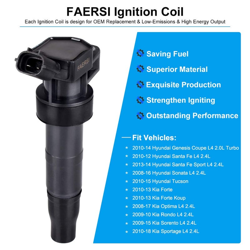 FAERSI Set of 4 Ignition Coils Pack Replacement for 2009 2010 2011 2012 2013 2014 2015 2016 Kia Sorento Forte Optima Sportage Hyundai Sonata Santa Fe Genesis Coupe 2.4 2.0 L4 Replace OE# UF611 C1667 - Image 4